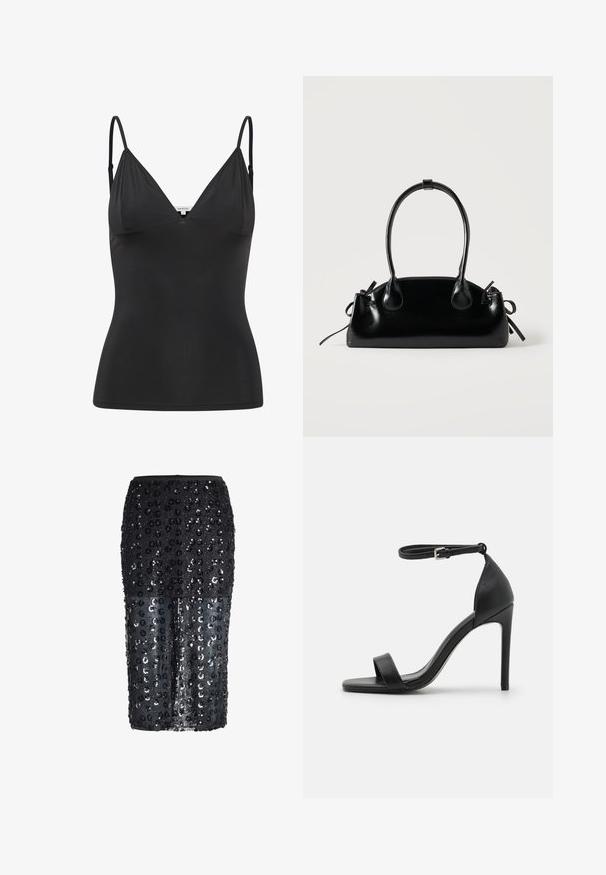 Sort, tætsiddende camisole med justerbare tynde stropper, V-halsudskæring, sømløst design og glat tekstur. Lavet af et blødt, strækbart materiale.; Sort midi-nederdel med gennemsigtig nedre halvdel, pyntet med sorte blomster palietter og en tætsiddende talje.; Sort højhælet sandal med et sleek design, der har en ankelrem, åben tå og glat lædertekstur.; Lille sort blank håndtaske med to lange håndtag og snøre-detaljer i siden på en ensfarvet lys baggrund.