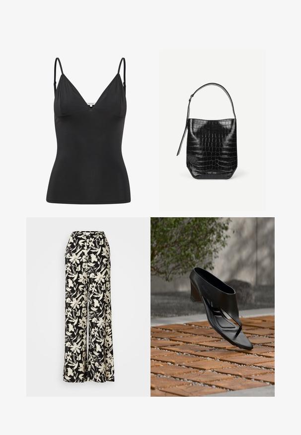 Sort, tætsiddende camisole med justerbare tynde stropper, V-halsudskæring, sømløst design og glat tekstur. Lavet af et blødt, strækbart materiale.; Sorte bredbenede bukser med et hvidt blomstermønster, som har høj talje og en glat stofstruktur. Velegnet til forskellige anledninger.; Sort højhælet sandal med thongsrem, svævende over et mønstret træ- og grusbelagt udendørsareal med sløret grønt område og væg i baggrunden.; Sort spandtaske i krokodillepræget læder med enkelt skulderrem og lille sølvfarvet mærkelogo foran nederst i midten.