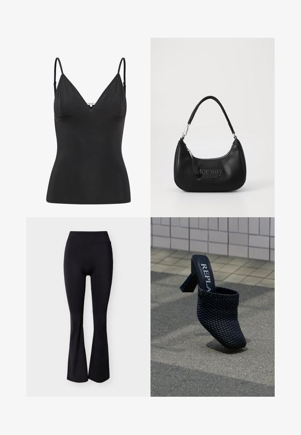 Zwarte, getailleerde camisole met verstelbare dunne spaghettibandjes, V-hals, naadloos ontwerp en een zachte textuur. Gemaakt van een zachte, rekbare stof.; Zwarte leggings met hoge taille en wijde pijp, gemaakt van een gladde stof zonder zichtbare patronen of versieringen.; Zwarte geweven hoge mule met vierkante neus en blokhak, met "REPLA" bedrukt aan de binnenkant, geplaatst op een buitenoppervlak van tegels en asfalt.; Zwarte synthetische schoudertas met een gebogen vorm, voorzien van een zilveren rits en een reliëf "tommy jeans" logo aan de voorkant.