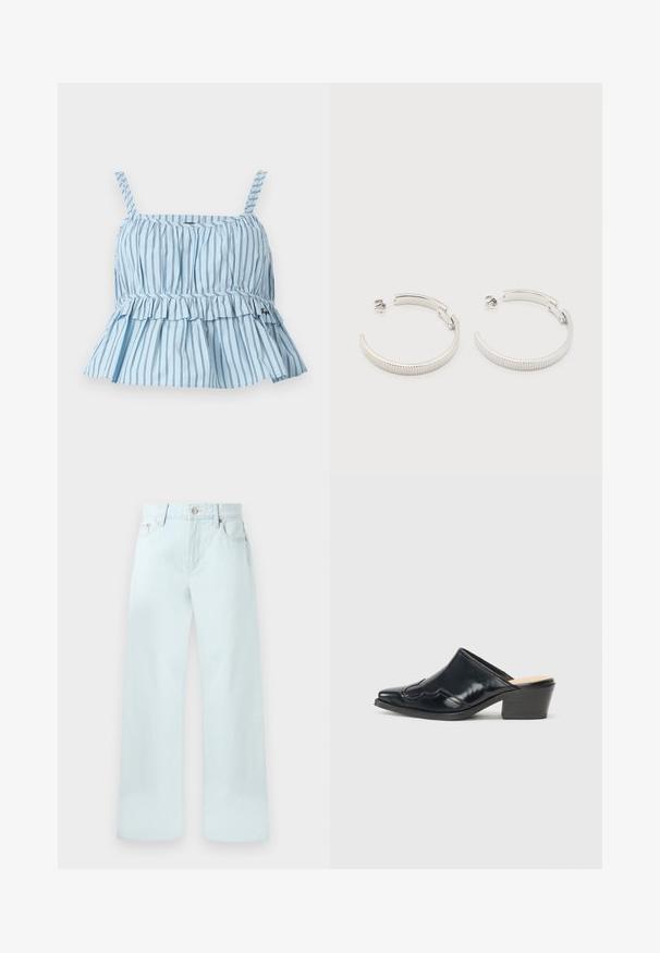Haut sans manches bleu clair avec fines rayures verticales noires, ourlet bas à volants et détail froncé au niveau de la poitrine.; Jean large taille haute bleu clair avec boutons sur le devant, fermeture éclair, passants de ceinture, et poches avant sur un fond uni.; Mules en cuir verni noir avec un bout pointu, un design courbé et un petit talon bloc, ornés de piqûres décoratives sur le dessus.; Boucles d'oreilles demi-cercles ton argent avec texture striée et fermoirs à pression sur fond blanc.