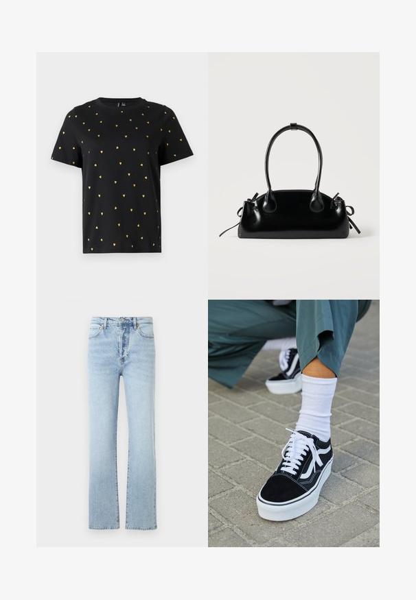 Sort T-shirt med korte ærmer lavet af bomuld, prydet med små guld hjerter, der er jævnt fordelt over stoffet. Rund halsudskæring.; Lys blå denim jeans med lige ben-design, featuring høj talje, klassisk fem-pockets stil, og subtil falmning.; Sorte ruskinds sneakers med hvide accenter og snørebånd, der har en tyk hvid sål og kontrasterende syninger, parret med en hvid sok.; Lille sort blank håndtaske med to lange håndtag og snøre-detaljer i siden på en ensfarvet lys baggrund.