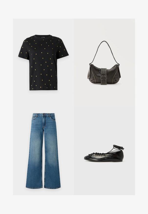 Sort T-shirt med korte ærmer lavet af bomuld, prydet med små guld hjerter, der er jævnt fordelt over stoffet. Rund halsudskæring.; Bredde ben blå denimjeans med en falmet finish, fem-lomme design og standard talje med metalknap og lynlåslukning.; Sorte balletflade sko i laklæder med rundet tå, snørelukning og flad sål. Glat tekstur med få detaljer.; Sort læder skuldertaske med spænde på remmen, afrundede kanter og kontrasterende hvide syninger på en ensfarvet baggrund.
