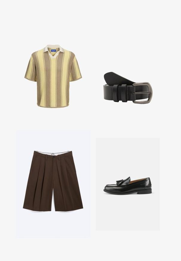 Polo tricot à manches courtes en beige, crème et rayures jaunes. Design en V avec col contrasté et tissu texturé.; Shorts marron plissés longueur genou avec poches latérales, passants pour ceinture et fermeture par bouton, étiquetés « WEEKDAY » sur la ceinture intérieure.; Mocassins en cuir noir avec un accent de gland, un bout arrondi et une finition lisse. La semelle est plate avec un motif de trottoir minimal.; Ceinture en cuir noir avec une texture lisse, une boucle métallique et trois passants pour un ajustement sécurisé.