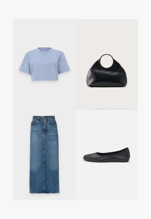 Beskåret lyseblå t-shirt lavet af blødt stof, med korte ærmer, rund halsudskæring og et lille grafisk print på forsiden.; Denimnederdel, mellemlang, lys blå vask, høj talje, fem-lomme design, straight fit, falmet tekstur, med synlige stikninger.; Sort læderballetsko med rund tå, glat tekstur, minimal syning og et fleksibelt såldesign.; Sort læderhåndtaske med rundet form og cirkulært top-håndtag indpakket i matchende lædersyning.