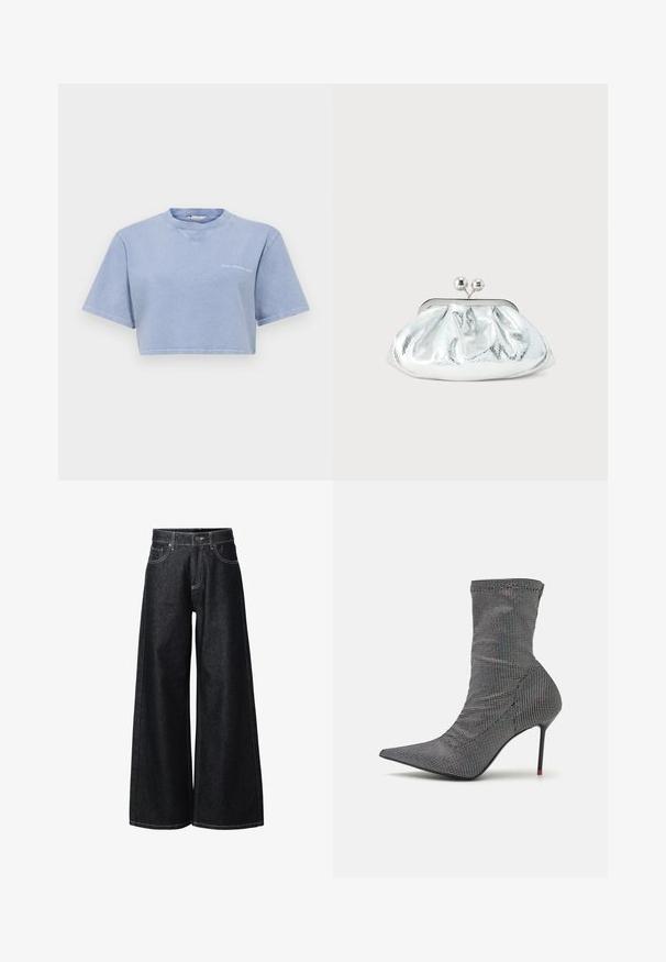 Lichtblauw cropped t-shirt van zacht materiaal, met korte mouwen, een ronde halslijn en een kleine grafische print aan de voorkant.; Zwarte denim jeans met wijde pijpen, hoge taille, riemlussen, knoop aan de voorkant, ritssluiting en details met contrasterende stiknaden.; Pinko WAGNER TRONCHETTO - Enkellaarsjes met hoge hak - nero/iridescente; Kleine zilverkleurige metalen clutch met een afgerond, geplooid ontwerp en een sluiting met twee zilveren bollen.