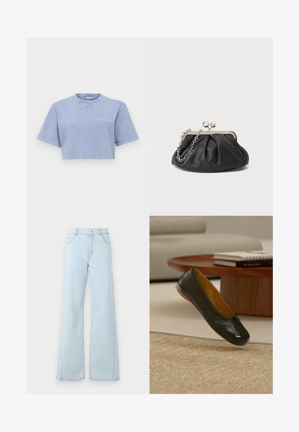 Beskåret lyseblå t-shirt lavet af blødt stof, med korte ærmer, rund halsudskæring og et lille grafisk print på forsiden.; Lysblå denim wide-leg jeans har høj talje, frontlommer og synlige stiksyninger på sømmene og kanten.; Sort læder balletflad sko med lille sløjfedetalje, svævende over et vævet beige tæppe i en stue med et træ sofabord og bøger.; Sort læder clutch med samlet tekstur, sølvfarvet metalramme, kys-lås lukning og kædestrop. Glat, blød overflade.