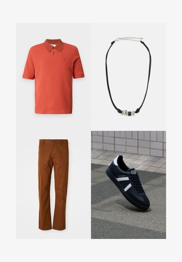 Polo à manches courtes rouge brique, tissu texturé, avec un col marron contrastant, deux boutons et un logo brodé.; Pantalon en coton marron à coupe régulière, avec une fermeture à bouton, des passants de ceinture et une coupe droite. Texture lisse sans motifs.; Sneaker en cuir noir avec des rayures blanches, semelle en caoutchouc texturée et devant à lacets. Présente une étiquette de marque sur la languette.; Le collier en cordon noir présente trois perles décoratives en métal, dont deux anneaux texturés en argent et une perle cylindrique noire, avec une chaîne réglable.
