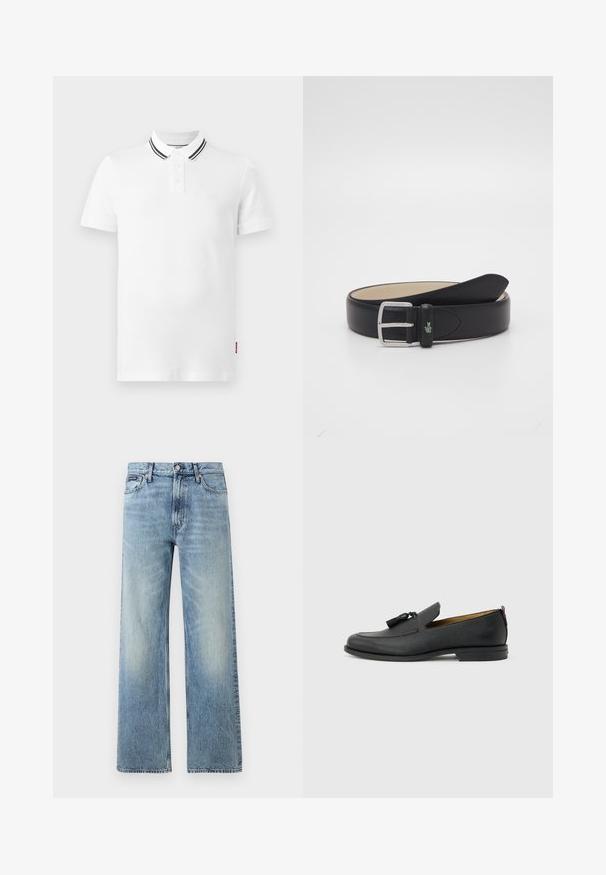 Polo blanc à manches courtes avec patte à deux boutons et double rayures noires sur le col, présenté sur un fond gris clair.; Jean droit en denim bleu clair avec taille haute, cinq poches, fermeture à boutons et léger délavage sur les cuisses et les genoux.; Mocassin pour homme en cuir noir avec pompons, bout arrondi, petit talon et languette à l'arrière, présenté de profil sur un fond gris clair.; Ceinture en cuir noir avec une boucle en argent, ornée d'un accent de logo vert. Texture lisse et design classique avec une extrémité ronde.