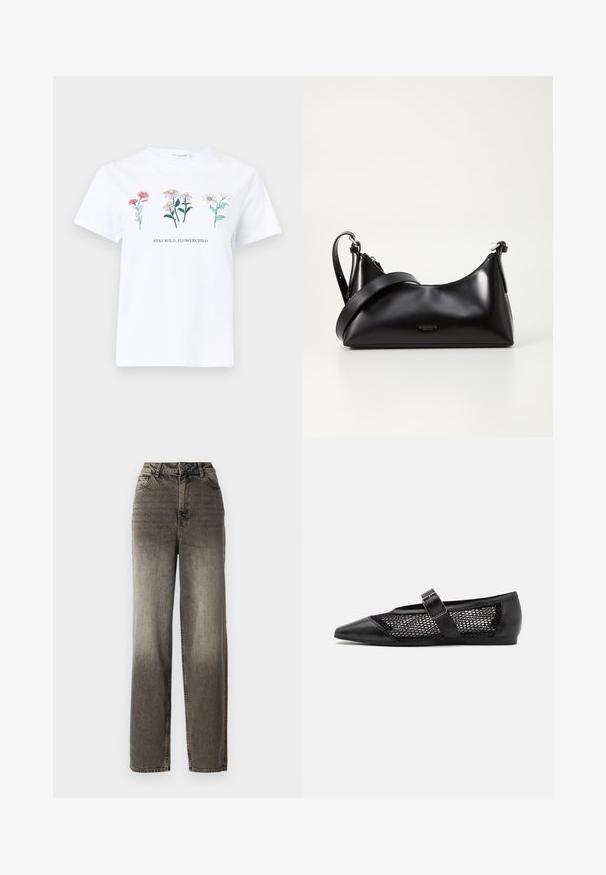 Chemise blanche à manches courtes avec trois illustrations colorées de fleurs au-dessus du texte "RESTE SAUVAGE, ENFANT DES FLEURS" sur le devant.; Jean gris à jambes larges avec une finition en denim délavé. Avec une taille haute, cinq poches et une fermeture à bouton classique. Tissu texturé avec des coutures visibles.; Chaussure plate noire avec un bout pointu, panneaux latéraux en maille et une sangle avec une boucle décorative. Fini lisse sur les sections du bout et du talon.; Sac à main en cuir noir avec une texture lisse. Dispose d'une bandoulière adjustable et d'un design élégant et minimaliste avec une fermeture éclair.