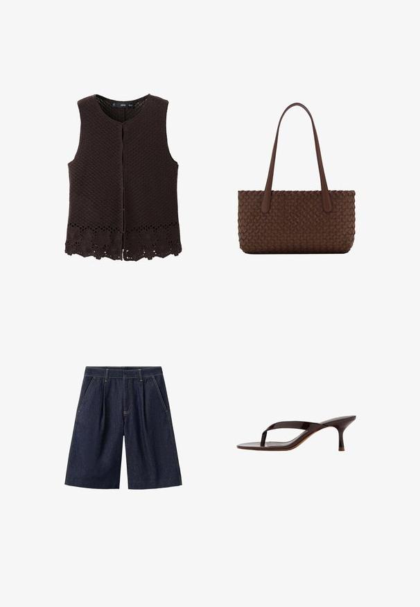 Veste sans manches en tricot marron foncé avec un col rond et un bord en dentelle florale le long de l'ourlet, ouverte à l'avant sans fermetures visibles.; Short en jean bleu foncé longueur genou avec poches avant et passants de ceinture, avec des détails de couture jaune visibles.; Sandale à talon en cuir verni noir avec bride entre les orteils et un talon petit kitten élancé de hauteur moyenne, vue de côté sur fond blanc.; Sac à main en cuir marron avec un motif tissé, avec deux longues anses fines pour un port à l'épaule.