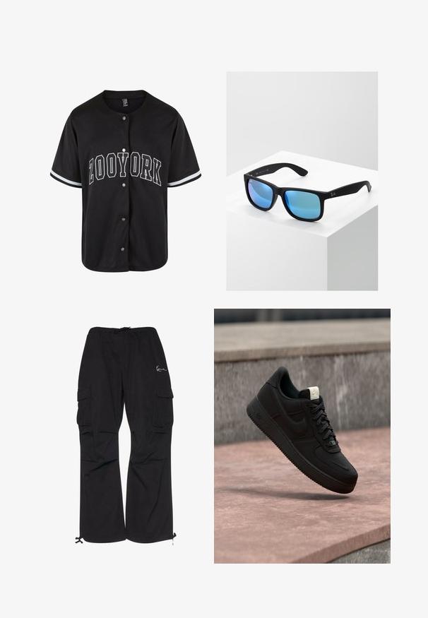 Schwarzes kurzärmliges Trikot mit Knopfverschluss, "ZOOYORK" in fetten weißen Buchstaben gedruckt, mit kontrastierenden weißen Streifen an den Ärmeln.; Schwarze Cargo-Hosen aus leichtem Material, mit elastischem Bund und Kordelzug, seitlichen Taschen und verstellbaren Bündchen.; Schwarzer Nike Air Force 1 Sneaker, der über einer rosa Betonkante mit grauem Stein-Hintergrund schwebt und Seiten- sowie Oberseiten-Details zeigt.; Schwarze rechteckige Sonnenbrille mit blauen verspiegelt Gläsern. Hat eine matte Oberfläche und das Ray-Ban-Logo an den Bügeln.