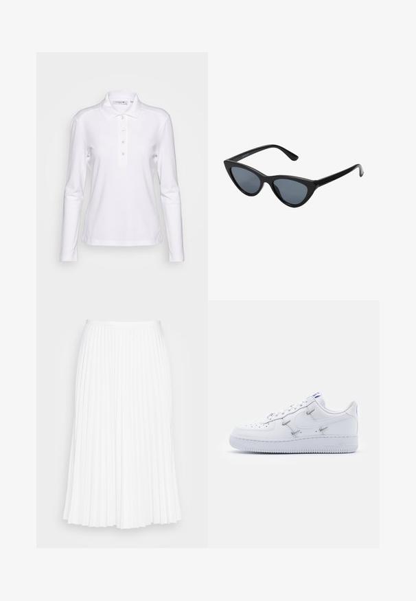 Camisa polo blanca de manga larga, fabricada en una mezcla de algodón, con una tapeta de botones y un pequeño logotipo bordado en el pecho. Textura suave.; Falda blanca plisada con un diseño de longitud media. Fabricada con una tela suave, presenta pliegues nítidos y espaciados uniformemente. Cintura elástica.; Nike Sportswear AIR FORCE 1 - Zapatillas - white/hyper royal/black; Gafas de sol negras en forma de ojo de gato con lentes gris oscuro, marco de plástico elegante, esquinas puntiagudas y patillas rectas. Sin herrajes ni acentos visibles.