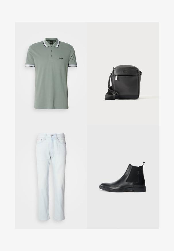 Lichtgroene polo met een klassieke kraag, drie knopen aan de voorkant en gestreepte accenten op de mouwen. "BOSS" logo op de borst.; Lichtblauwe denim jeans met een rechte pijp. Voorzien van een knoopsluiting en riemlussen, met een vervaagde textuur en minimale stiksels.; Zwarte leren Chelsea-boots met elastische zijpanelen, een treklipje en een vlakke rubberen zool. Gladde textuur met minimale details.; Zwarte getextureerde leren crossbodytas met voorvak en verstelbare schouderriem, getoond op een effen lichte achtergrond.