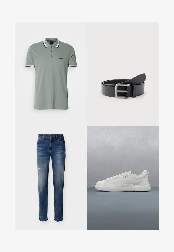 Lys grøn polo shirt med klassisk krave, tre-knap lukning og stribede detaljer på ærmerne. "BOSS" logo på brystet.; Blå denim jeans med let falming og slidte områder, fem-lommer stil, lige ben, knap- og lynlås lukning.; Hvide sneakers med en glat læderfinish, rund tå, fire snørehuller, subtile perforeringer og en rød logo detalje på siden.; Sort læderbælte snoet med sølvfarvet rektangulært metalspænde graveret med "BOSS" på en lysegrå baggrund.