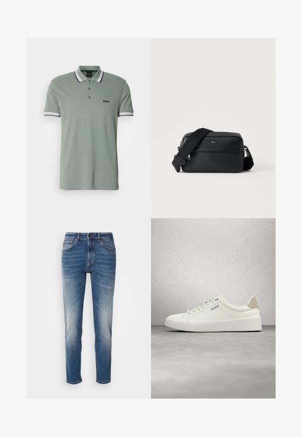 Lys grøn polo shirt med klassisk krave, tre-knap lukning og stribede detaljer på ærmerne. "BOSS" logo på brystet.; Blå denimjeans med lige ben, let falmet finish, klassisk fem-lomme-design og lynlås med knaplukning.; Hvid lav sneaker med snørebånd og beige hælflap med mærket "HUGO," svævende over en poleret betonflade nær en glasblokvæg.; Sort tekstureret læder crossbody taske med front lynlåslomme og justerbar bred stofskulderrem på hvid baggrund.