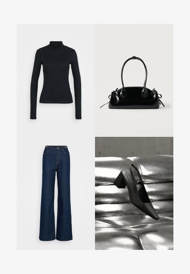 Sort langærmet ribbestrikket sweater med høj hals og tætsiddende silhuet på en lys ensfarvet baggrund.; Mørkeblå brede jeans lavet af denim med klassisk fem-lommers design, forstærket syning og en cirkulær hardwaredetalje på taljebåndet.; Sort slingback-hæl med spids tå, der har en tekstureret overflade og en chunky blokhæl. Lagt mod en skinnende, metallisk baggrund.; Lille sort blank håndtaske med to lange håndtag og snøre-detaljer i siden på en ensfarvet lys baggrund.