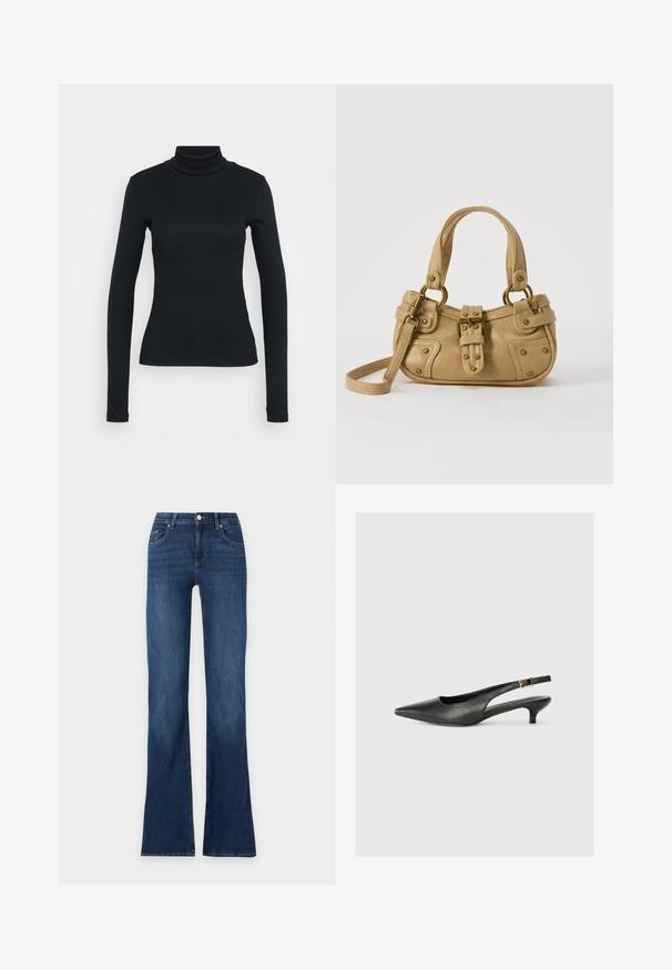 Jersey de cuello alto de manga larga negro con una silueta ajustada sobre un fondo claro.; Pantalones vaqueros azules de denim con cintura alta, botón frontal, dos bolsillos delanteros y piernas ligeramente acampanadas sobre fondo blanco.; Zapato de tacón slingback negro de punta afilada, hecho de cuero suave. Presenta un tacón delgado y un detalle de hebilla en la correa ajustable.; Bolso de cuero beige con doble asa, hebilla y remaches de latón, y una correa de hombro ajustable sobre un fondo blanco.