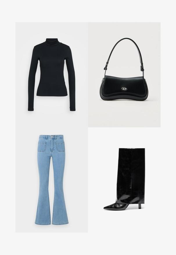 Sort langærmet ribbestrikket sweater med høj hals og tætsiddende silhuet på en lys ensfarvet baggrund.; Lyseblå flared jeans med høj talje, fem lommer og en glat denimtekstur med syninger langs sømmene.; Sorte læder ankelstøvler med spids tå og blokhæl, der har en høj, blank skaft og en tekstureret overflade på den nedre del.; Sort læderhåndtaske med buet klap og sølv oval logo, med en justerbar skulderrem, mod en ensartet lys baggrund.
