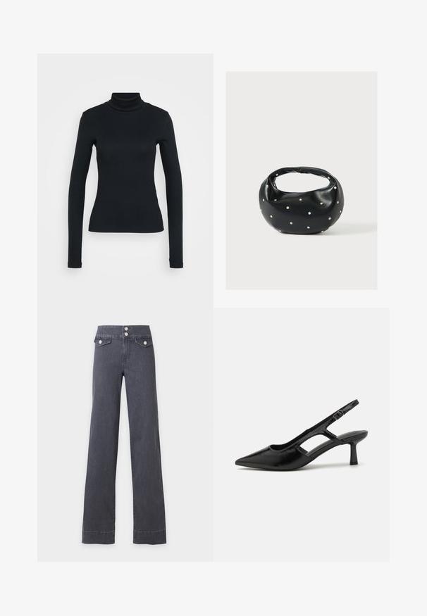 Jersey de cuello alto de manga larga negro con una silueta ajustada sobre un fondo claro.; Vaqueros de tiro alto, gris oscuro, de pierna ancha, con dos bolsillos delanteros con solapa y cierres de botón plateados sobre un fondo liso.; Tacones de slingback negros con punta afilada, hechos de material brillante, que presentan acentos recortados y un tacón moderado para mayor soporte.; Bolso de mano de cuero negro con forma redondeada, decorado con detalles de tachuelas plateadas y un asa corta. Textura lisa y cierre con cremallera.