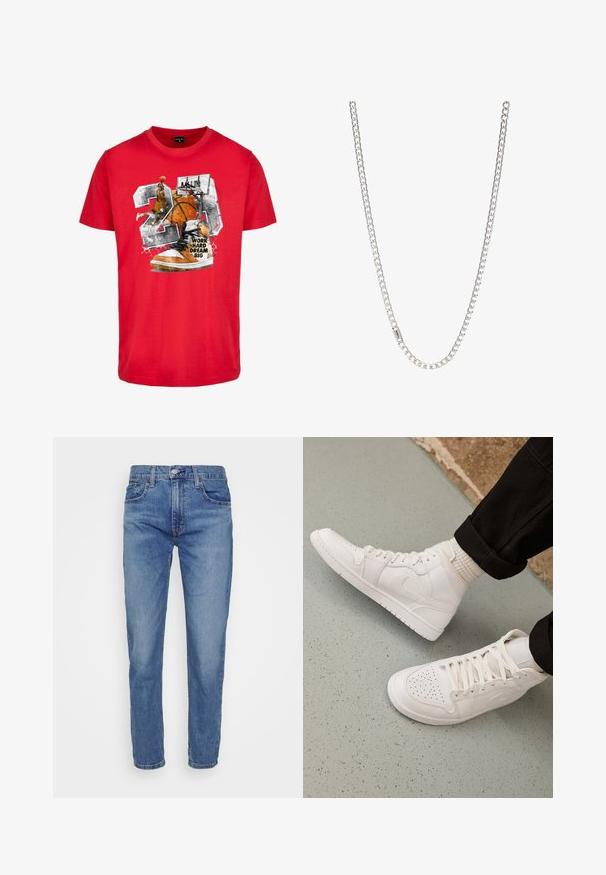 Camiseta de algodón roja con un gráfico que presenta un balón de baloncesto, una zapatilla y el texto "TRABAJA DURO SUEÑA EN GRANDE". El diseño incluye acentos en negro y naranja.; Levi's® 502™ TAPER HI BALL - Vaqueros slim fit - dolf bombay adv; Zapatillas altas blancas hechas de cuero suave con puntera perforada, cierre de cordones y sutil detalle del logo en el lateral. Suela de goma texturizada.; Collar de cadena de plata con eslabones entrelazados, textura suave y forma rectangular uniforme. Detalle de cierre seguro.