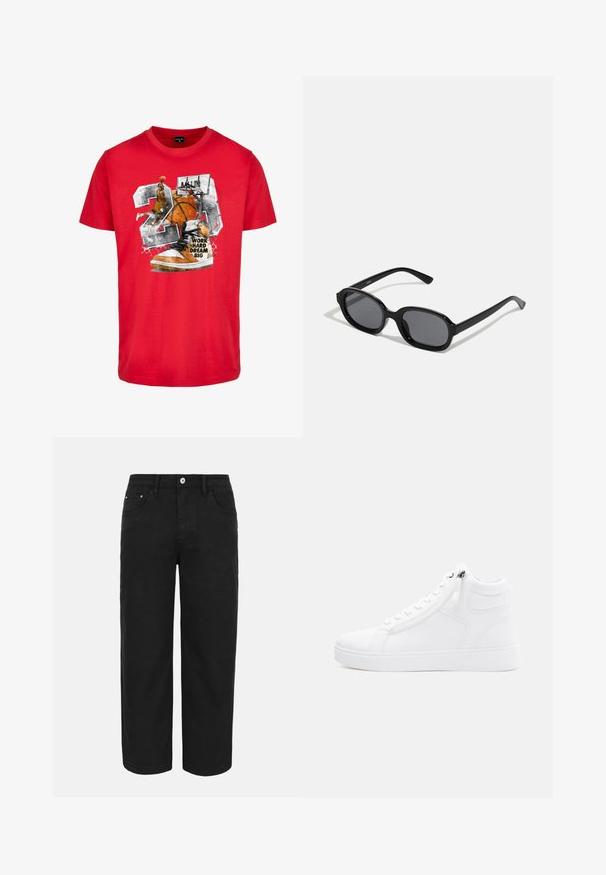 Rød bomulds T-shirt med et grafisk motiv af en basketball, en sneaker og teksten "ARBEJD HÅRD DRØM STORT." Designet indeholder sorte og orange detaljer.; Sorte bukser med lige ben, forrest med knap- og lynlåslukning, bæltestropper og tre forlommer på en ensfarvet lys baggrund.; Høj-top hvid sneakers lavet af glat syntetisk materiale. Har en lynlås på siden, rund tå og tekstureret gummisål.; Zign by Zalando Solbriller - black