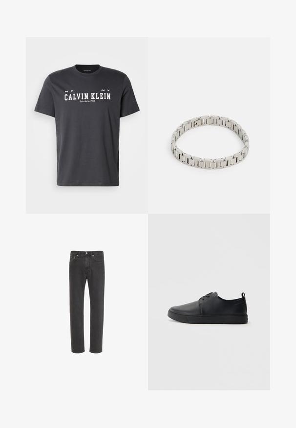 Μαύρο βαμβακερό T-shirt με στρογγυλή λαιμόκοψη, κοντά μανίκια και έντονο λευκό κείμενο που λέει "CALVIN KLEIN Established 1968" στο μπροστινό μέρος.; Μαύρο τζιν με ίσια γραμμή, με μπροστινό κούμπωμα με κουμπιά και φερμουάρ, μπροστινές και πίσω τσέπες, παρουσιασμένο σε λευκό φόντο.; Μαύρο δερμάτινο αθλητικό παπούτσι με λεία επιφάνεια, στρογγυλή μύτη, τονικό ράψιμο, κορδόνια μπροστά και επίπεδη καουτσούκ σόλα. Βρόχος στην πτέρνα.; Ασημένιο μεταλλικό βραχιόλι με ορθογώνιους συνδέσμους, γυαλιστερή επιφάνεια και μικρούς κυκλικούς τόκους, σχεδιασμένο για να εφαρμόζει στενά γύρω από τον καρπό.