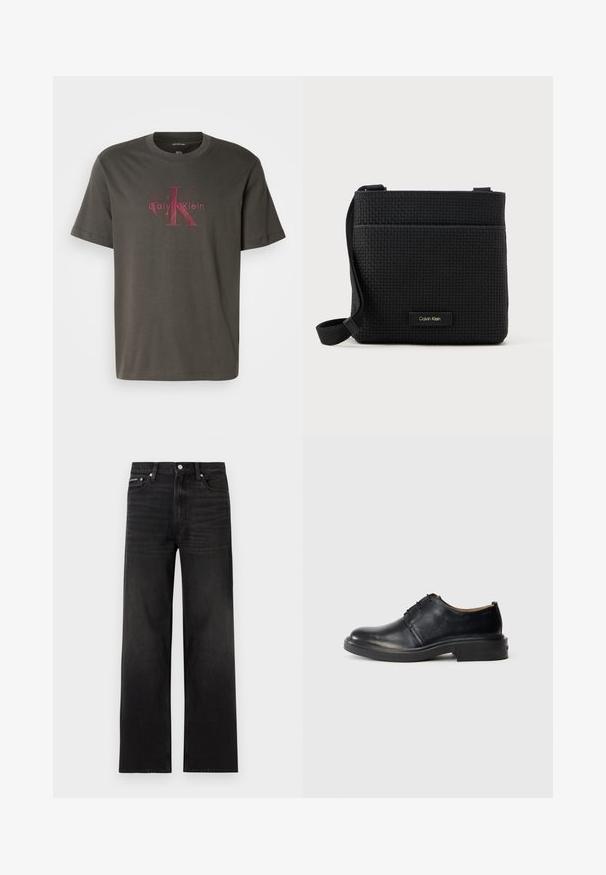 Camiseta de algodón verde oscuro de manga corta. Presenta un gran logo de Calvin Klein en rojo desvanecido centrado en la parte frontal. Diseño clásico de cuello redondo.; Jeans negros de pierna recta con diseño de cinco bolsillos, presillas para cinturón y cierre de botón, mostrados sobre un fondo blanco.; Zapato oxford de cuero negro con punta redonda, cordones en la parte frontal y tacón bajo y apilado sobre un fondo claro y liso.; Bolso bandolera negro trenzado con correa ajustable, que cuenta con un bolsillo frontal y una pequeña etiqueta de marca. Superficie lisa y texturizada.