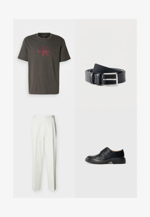 Tummanvihreä puuvillainen t-paita lyhyillä hihoilla. Edessä on suuri, haalistunut punainen Calvin Klein -logo keskitettynä. Klassinen crew neck -muotoilu.; Valkoiset räätälöidyt korkeavyötäröiset housut vyölenkeillä ja etutaitteilla, esillä yksinkertaisella taustalla.; Musta nahkainen oxford-kenkä pyöreällä kärjellä, nauhakiinnityksellä ja matalalla pinnoitetulla korolla tasaisella vaalealla taustalla.; Mustaa nahkavyötä, joka on rullattu ja varustettu hopeanvärisellä suorakulmaisella metallisoljella, jonka alaosassa on pieni "NN.07"-teksti.