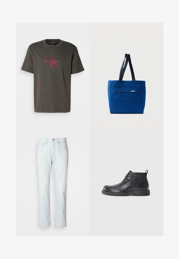 Camiseta de algodón verde oscuro de manga corta. Presenta un gran logo de Calvin Klein en rojo desvanecido centrado en la parte frontal. Diseño clásico de cuello redondo.; Jeans de mezclilla azul claro con corte recto. Cuentan con un cierre de botón y pasadores para cinturón, mostrando una textura desgastada y costuras mínimas.; Botas de cuero negras hasta el tobillo con punta redondeada, diseño con cordones y una lengüeta en la parte trasera. Parte superior texturizada y suela de goma.; Bolsa de lona azul con un bolsillo frontal con cremallera, correas dobles para el hombro y forma rectangular. Cuenta con una etiqueta de marca sutil.