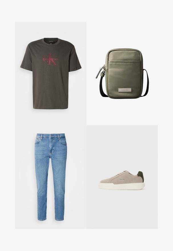 Camiseta de algodón verde oscuro de manga corta. Presenta un gran logo de Calvin Klein en rojo desvanecido centrado en la parte frontal. Diseño clásico de cuello redondo.; Vaqueros de mezclilla azul claro con corte recto, diseño de cinco bolsillos y un sutil desgastado. Presentan un cierre de botón y pasadores para cinturón.; Zapatillas de piel de ante beige con suela de goma blanca, que presentan un acento en el talón de color verde oscuro y un sutil logo en el lateral.; Bolso bandolera compacto verde oliva con bolsillo frontal, correa negra ajustable, cierre de cremallera y placa con el logo de Calvin Klein.