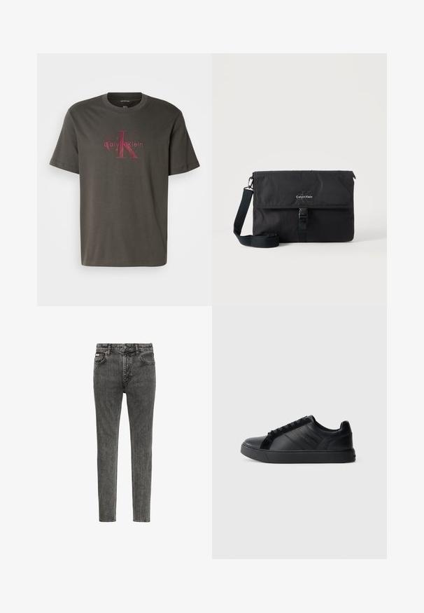 Camiseta de algodón verde oscuro de manga corta. Presenta un gran logo de Calvin Klein en rojo desvanecido centrado en la parte frontal. Diseño clásico de cuello redondo.; Vaqueros de denim negros descoloridos de corte ajustado con cinco bolsillos, trabillas para cinturón y cierre de botones en la cintura, mostrados de frente sobre un fondo blanco.; Zapatilla de cuero negra con un acabado suave, paneles laterales texturizados, punta redonda, suela plana y detalle del logo en el lateral. Presenta un sistema de cordones clásico.; Bolso mensajero negro de Calvin Klein con correa de hombro ajustable y solapa frontal asegurada con una hebilla, mostrado sobre un fondo liso.
