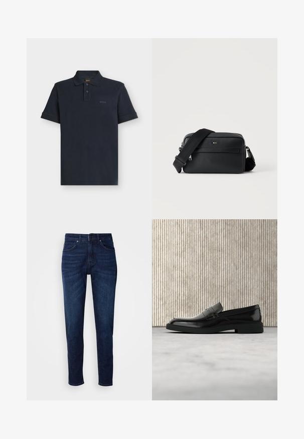Polo azul marino de manga corta con tapeta de dos botones y logo sutil "BOSS" en el pecho izquierdo.; Jeans de mezclilla azul oscuro con un diseño de pierna recta, que cuentan con bolsillos y un cierre de botón en la cintura. Textura suave, detalles de desvanecimiento mínimos.; Zapato loafer de cuero negro pulido flotando sobre una alfombra beige con muebles translúcidos naranjas de fondo.; Bolso bandolera negro de cuero texturizado con bolsillo frontal con cremallera y correa de hombro ancha de tela ajustable sobre fondo blanco.