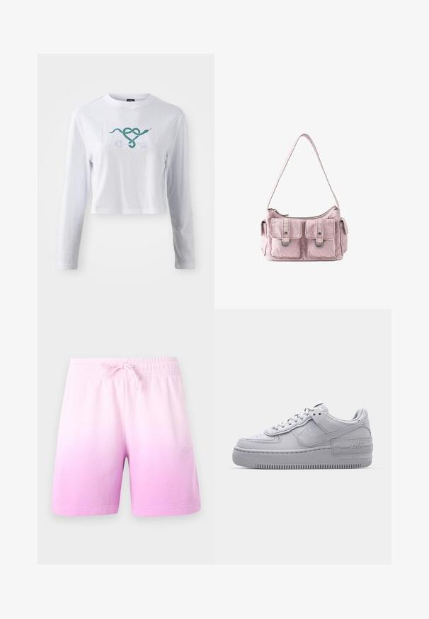 Hvid langærmet cropped t-shirt i bomuld med et grønt slangemotiv, der er flettet sammen med et nøgledesign på fronten.; Lyserøde gradientshorts med elastisk taljebånd og snøre, Nike-logo på venstre ben, vist på ensfarvet baggrund.; Grå Nike Air Force 1 sneakers med perforeret tå, glat læderoverdel, tyk sål og præget 'AIR' detalje på hælen.; Lille lyserød skuldertaske i stof med to forlommer, hver sikret med en klap og metalring, samt lukning med en top lynlås.
