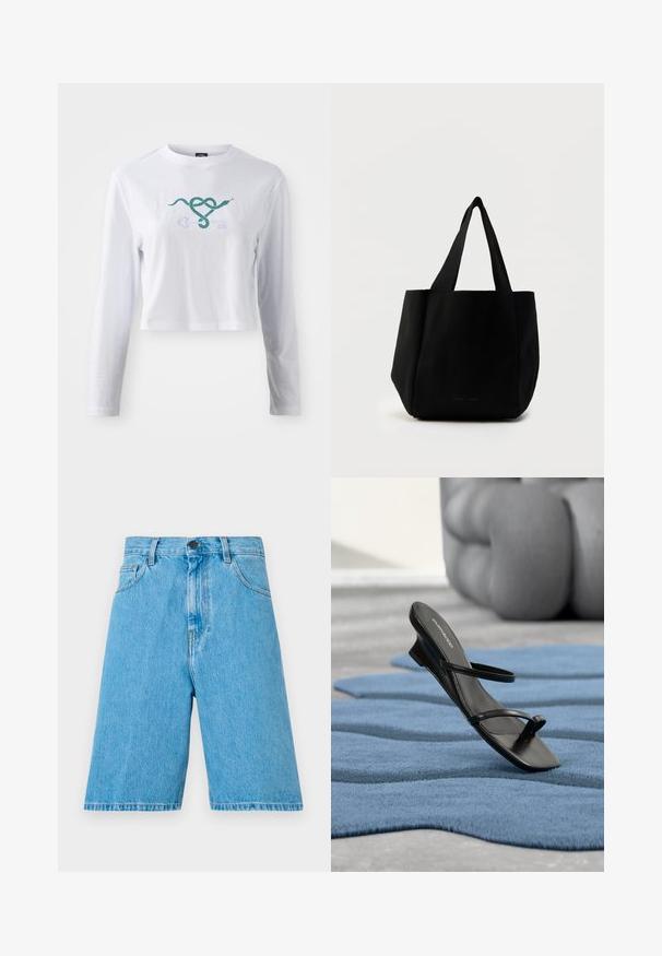 Biely crop top s dlhým rukávom z bavlny, s grafickým motívom zelenej hadice previazanou s dizajnom kľúča na prednej strane.; Svetlomodré džínsové šortky s voľným strihom, s pútkami na opasok, zapínaním na gombík a prednými vreckami. Tkanina má hladkú štruktúru.; Čierna sandála s remienkami a slučkou na prst vystavená na modrom textúrovanom koberci, so veľkým sivým dekoratívnym objektom rozmazaným v pozadí.; Čierna taška na rameno s vertikálnou rebrovanou textúrou, dvoma textilnými rúčkami a pevným tvarom. Jednoduchý dizajn bez viditeľných kovových doplnkov alebo ozdôb.