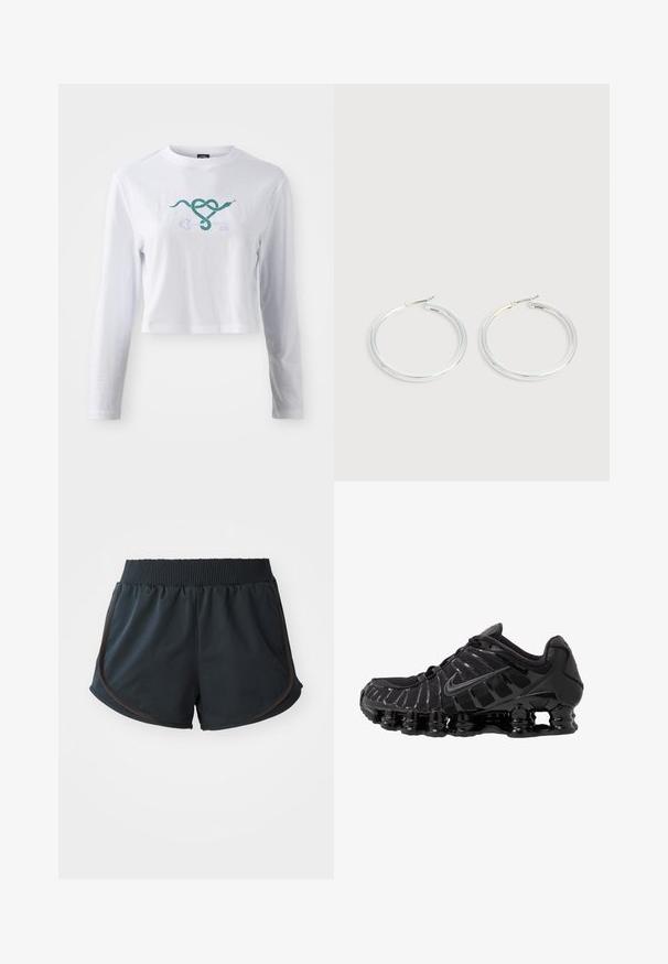 Biely crop top s dlhým rukávom z bavlny, s grafickým motívom zelenej hadice previazanou s dizajnom kľúča na prednej strane.; Čierne športové šortky s rebrovaným pásom, s bočnými švami a hnedými akcentmi, vyrobené z ľahkej, hladkej tkaniny.; Čierna športová obuv s vrchnou časťou z sieťoviny a lesklými detailmi. Obsahuje zakrivené odpruženie a textúrované línie po stranách. Viditeľné logo Nike.; Pár lesklých strieborných kruhových náušníc s tenkými drôtenými zapínaniami, zobrazených na svetlo šedom pozadí.