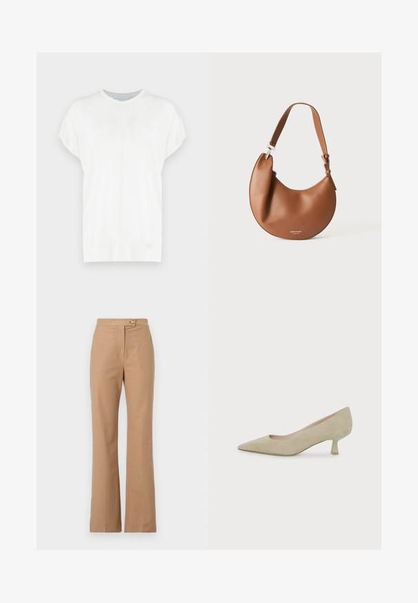 Top de punto blanco de manga corta con cuello redondo, que presenta una textura suave y un sutil detalle de costura en la parte delantera.; Pantalones de vestir beige con una silueta acampanada, hechos de una tela suave, que presentan un cierre frontal con botón y dos bolsillos laterales.; Zapato de salón beige de ante con punta afilada y tacón bajo y fino de altura media sobre fondo blanco liso.; Bolso de hombro marrón de cuero en forma de media luna con correa ajustable y pequeño texto de logo plateado en la parte inferior central.