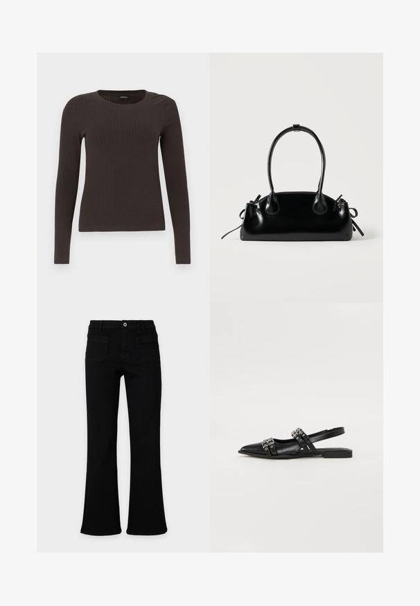 Un haut marron à manches longues en rib avec un col rond. Fabriqué dans un matériau lisse et extensible, il présente une silhouette ajustée et un minimum de détails.; Jean noir évasé avec poches avant, passants de ceinture et fermeture à bouton, présenté sur un fond clair uni. Aucun marquage visible.; Even&Odd by Zalando Ballerines à brides arrière - black; Petit sac à main noir brillant avec deux longues anses et des détails à cordon sur les côtés sur un fond clair uni.