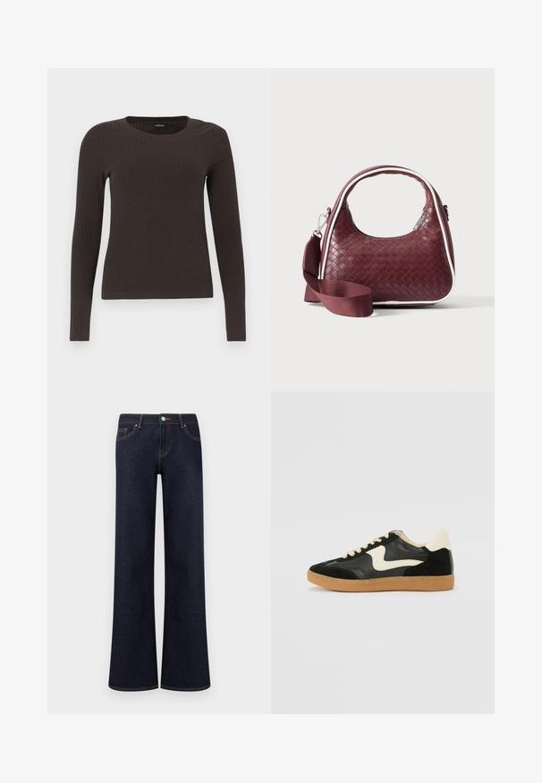 Un haut marron à manches longues en rib avec un col rond. Fabriqué dans un matériau lisse et extensible, il présente une silhouette ajustée et un minimum de détails.; Jean en denim bleu foncé à jambes larges avec poches avant, fermeture par bouton et fermeture éclair, et coutures contrastantes visibles.; Baskets en daim et cuir noir avec un swoosh latéral crème et un talon crème clair. Dotées de lacets beige et d'une semelle en caoutchouc gomme.; Sac à main en cuir tressé marron foncé avec poignée courbée, garniture blanche, fermeture éclair argentée et bandoulière large en tissu amovible sur fond uni.