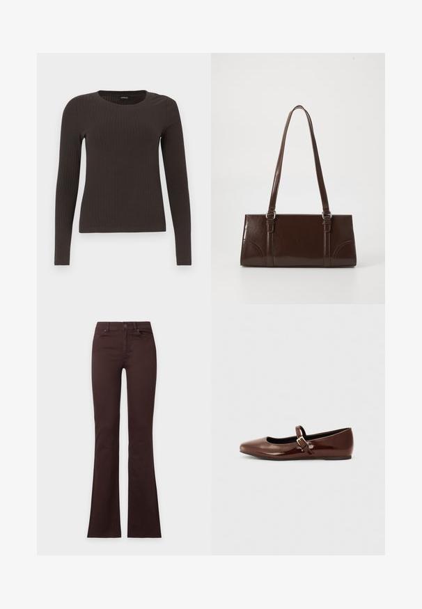 Un haut marron à manches longues en rib avec un col rond. Fabriqué dans un matériau lisse et extensible, il présente une silhouette ajustée et un minimum de détails.; Jean bootcut marron foncé avec bouton et fermeture éclair, poches avant et arrière, présenté à plat sur un fond blanc uni.; Ballerine en cuir verni marron avec un bout carré et une lanière ornée d'une petite boucle dorée. Texture lisse, talon bas et design minimaliste.; Sac à main en cuir verni marron de forme rectangulaire, avec deux longues poignées et des accents courbés subtils à l'avant.