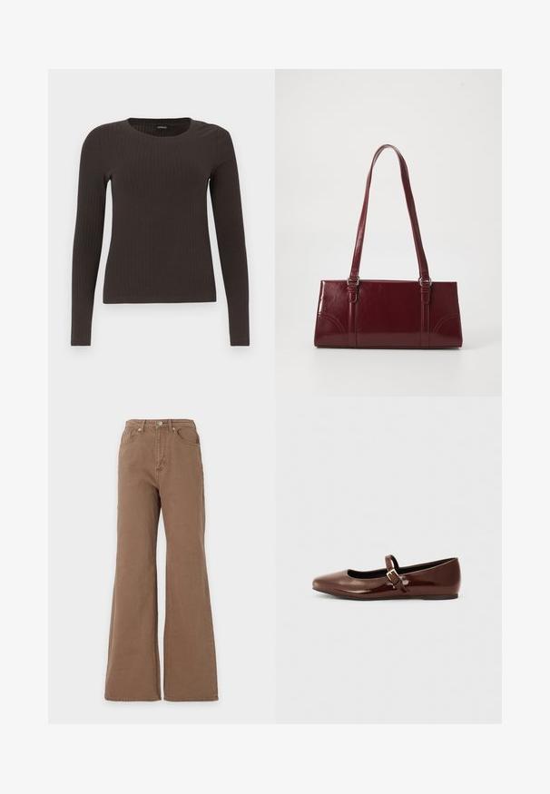 Un haut marron à manches longues en rib avec un col rond. Fabriqué dans un matériau lisse et extensible, il présente une silhouette ajustée et un minimum de détails.; Jean marron taille haute avec jambe évasée, fermeture par boutons sur le devant, poches avant et arrière, présenté sur un fond uni.; Ballerine en cuir verni marron avec un bout carré et une lanière ornée d'une petite boucle dorée. Texture lisse, talon bas et design minimaliste.; Sac à main bordeaux en matériau brillant, de forme rectangulaire, avec deux anses et des accents légèrement courbés à l'avant.