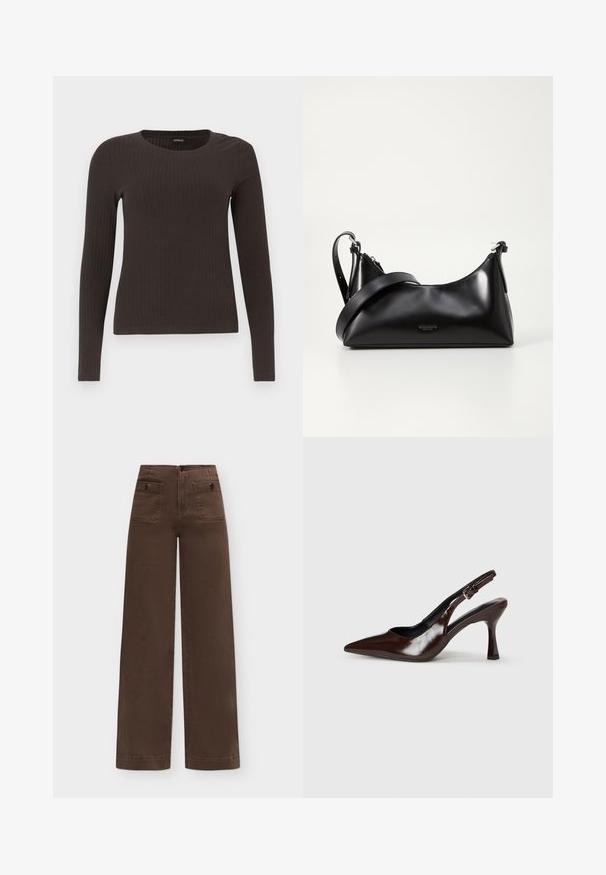 Un haut marron à manches longues en rib avec un col rond. Fabriqué dans un matériau lisse et extensible, il présente une silhouette ajustée et un minimum de détails.; Pantalon marron taille haute à jambes larges avec deux poches avant à rabat sécurisées par des boutons sur un fond uni.; Talons slingback en cuir verni brun avec un bout pointu, un talon fin, et une sangle réglable avec une petite boucle.; Sac à main en cuir noir avec une texture lisse. Dispose d'une bandoulière adjustable et d'un design élégant et minimaliste avec une fermeture éclair.