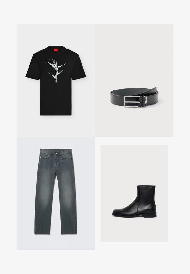 Μαύρο κοντομάνικο T-shirt με λευκό στυλιζαρισμένο φυτικό σχέδιο και κείμενο "HUGO" μπροστά, κόκκινη ετικέτα με το λογότυπο στο εσωτερικό του γιακά.; Τζιν παντελόνι ίσιας γραμμής σε σκούρο γκρι χρώμα με μπροστινές τσέπες, θηλιές για ζώνη, κούμπωμα με κουμπί και διακριτικές σκουρόχρωμες φθορές.; Μαύρο λείο δερμάτινο μποτάκι αστραγάλου με χαμηλό τακούνι και πλαϊνό φερμουάρ, με την ετικέτα Hugo κοντά στην επάνω άκρη.; Μαύρη δερμάτινη ζώνη με ασημένια ορθογώνια αγκράφα και μικρό ασημένιο κρίκο προσαρτημένο, τυλιγμένη σε λευκό φόντο.