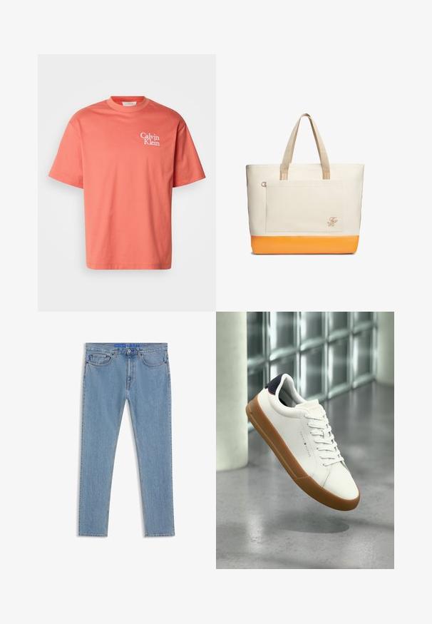 Calvin Klein T-Shirt aus Korallenbaumwolle mit Rundhalsausschnitt, kurzen Ärmeln und weißem Logodruck auf der linken Brust. Glatte Textur, lässige Passform.; Hellblaue Jeans aus Denim mit geradem Bein, fünf Taschen und einem blauen Bundetikett. Der Stoff hat eine glatte Textur und weist nur minimale Verblassungen auf.; Weißer Sneaker mit niedrigem Schaft, brauner Sohle und schwarzem Fersenriemen, schwebt über einem grauen Boden in einem modernen Innenraum.; Große beiger Canvas-Shopper mit orangefarbenem Boden, beigen Griffen, Vordertasche und kleinen aufgestickten Initialen an der Taschecke.