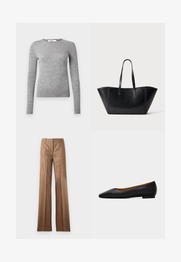 Pull gris à manches longues avec une texture côtelée, un col rond et une coupe ajustée. Fabriqué dans un matériau doux et texturé avec une silhouette slim.; Pantalons droit à carreaux marron avec passants de ceinture et pli sur l'avant sur fond gris clair.; Chaussure plate en cuir noir à bout pointu avec talon bas et finition lisse, vue de côté sur un fond gris clair.; Sac fourre-tout en simili-crocodile noir avec deux longues poignées, forme trapèze large et nom de la marque subtilement embossé à l'avant.