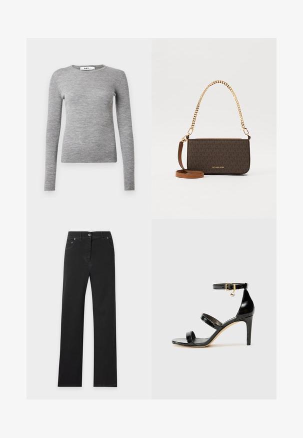 Pull gris à manches longues avec une texture côtelée, un col rond et une coupe ajustée. Fabriqué dans un matériau doux et texturé avec une silhouette slim.; Jean noir coupe droite avec poches avant, passants de ceinture et fermeture par bouton à la taille sur un fond clair uni.; Sandale en cuir verni noir avec trois brides, boucle de cheville et talon aiguille de 10 cm. Présente un détail en métal doré et un charm logo.; Sac bandoulière à motif marron en matériau synthétique, avec une bandoulière en chaîne dorée et une bandoulière en cuir amovible.