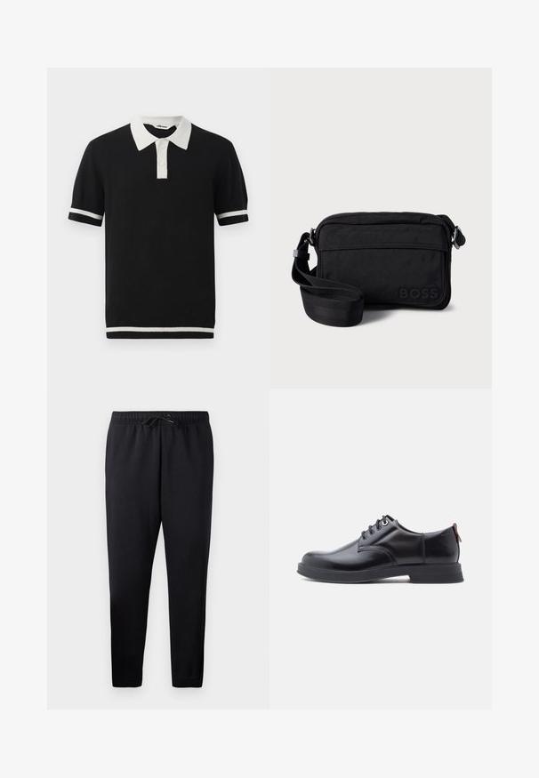 Camisa polo negra de manga corta con cuello blanco, dos botones blancos y rayas blancas en las mangas y el dobladillo.; Joggers negros ajustados hechos de una tela suave, con una cinturilla elástica y cordón, tobillos con puños y sin bolsillos.; Zapatos de piel negra con cordones, textura lisa, puntera redondeada y detalles sutiles de costura. Cuentan con una lengüeta roja en el talón.; Bolso bandolera de nailon negro con cierre de cremallera, correa ajustable y detalle de logo en relieve. Forma rectangular y textura suave.