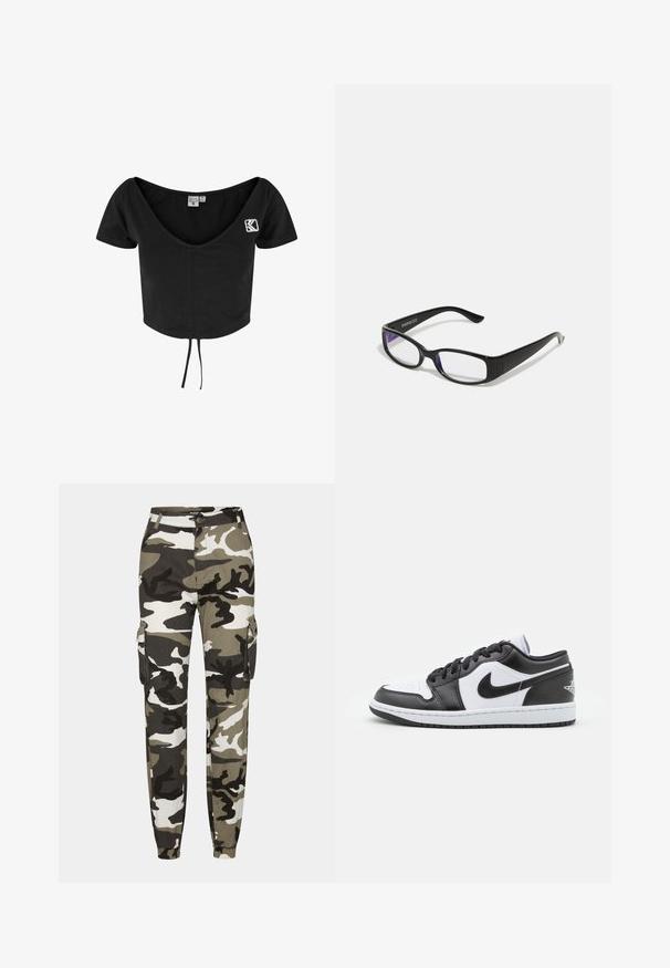 Μαύρο cropped t-shirt με κοντά μανίκια, βαθύ V-λαιμό, κορδόνι στο στρίφωμα και λευκό κεντημένο λογότυπο στην αριστερή πλευρά.; Παντελόνια cargo καμουφλάζ σε αποχρώσεις του πράσινου, του μαύρου και του λευκού; διαθέτουν ελαστικές μανσέτες και πλευρικές τσέπες για αποθήκευση.; Μαύρα και λευκά Nike παπούτσια χαμηλού τύπου διαθέτουν λείο δέρμα στο επάνω μέρος, στρογγυλή μύτη, κλείσιμο με κορδόνια και υφασμένο καουτσούκ στο πέλμα.; Μαύρα ορθογώνια γυαλιά με διάφανους φακούς. Γυαλιστερή επιφάνεια, στενοί βραχίονες και μοβ απόχρωση ορατή στις άκρες των φακών.