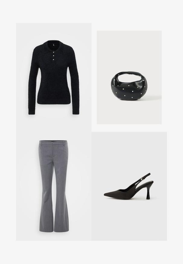ONLY Tall ONLPETRA POLO BLING - Πουλόβερ - black; Gina Tricot Tall RELAXED TROUSERS - Παντελόνι - grey melange; Μαύρες γόβες slingback με μυτερή μύτη, λεία ματ επιφάνεια και κομψό γυαλιστερό τακούνι. Ρυθμιζόμενη λουρί με μικρή λεπτομέρεια αγκράφας.; Μαύρη δερμάτινη τσάντα χειρός με στρογγυλεμένο σχήμα, διακοσμημένη με ασημένιες λεπτομέρειες με καρφιά και κοντή λαβή. Λείο υλικό και κλείσιμο με φερμουάρ.