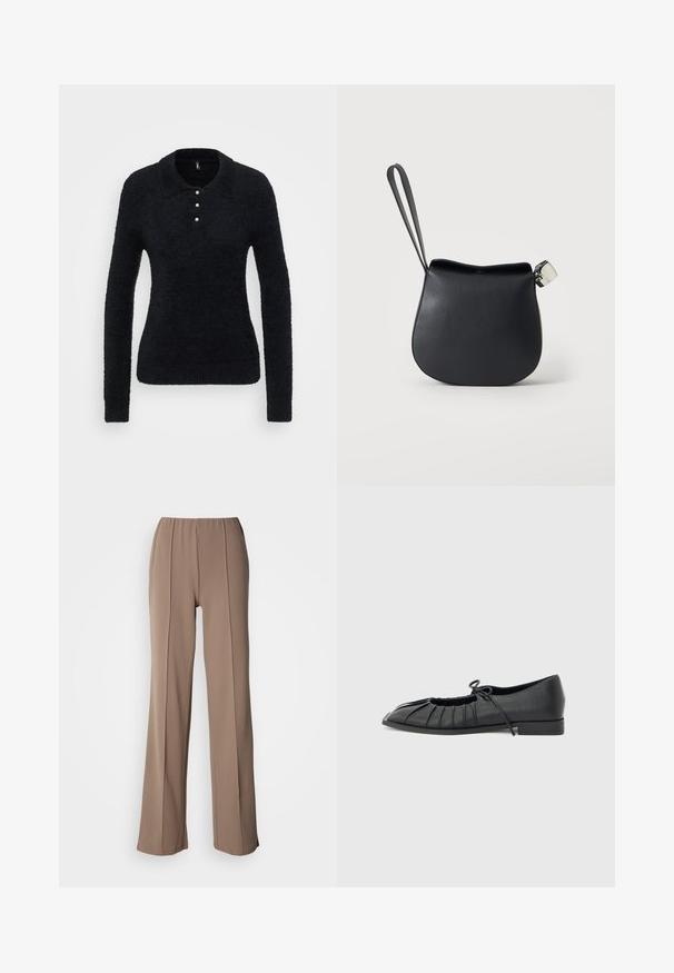 ONLY Tall ONLPETRA POLO BLING - Svetrík - black; Hnedé široké nohavice s elastickým pásom, s dvoma vertikálnymi záhybmi na prednej strane. Hladká, ľahká tkanina.; Čierna plochá obuv s pregĺadeným predným dizajnom a viazanou mašľou na vrchu, nízky podpätok a hladká textúra na svetlosivom pozadí.; Čierne kožené puzdro na zápästie zaobleným dnom a striebornou sponou na jednoduchom bielom pozadí.