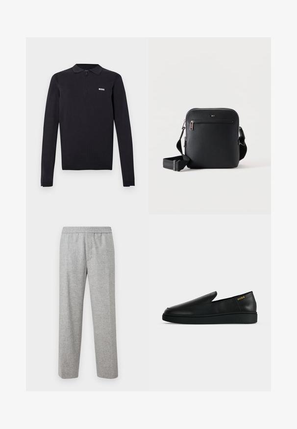Μαύρο πόλο μπλουζάκι με μακριά μανίκια, κατασκευασμένο από πλεκτό ύφασμα. Διαθέτει γιακά με μισό φερμουάρ, στενή γραμμή και μικρό λευκό λογότυπο στο στήθος.; Ανοιχτό γκρι, υφασμάτινα παντελόνια με ελαστική μέση. Σχεδίαση ίσιων ποδιών, χωρίς ορατές τσέπες ή μεταλλικά στοιχεία.; Μονό μαύρο δερμάτινο παπούτσι χωρίς κορδόνια με χοντρή σόλα και χρυσή ετικέτα "HUGO" κοντά στη φτέρνα σε απλό ανοιχτό γκρι φόντο.; Μαύρη δερμάτινη τσάντα χιαστί με εμπρόσθια τσέπη με φερμουάρ και ρυθμιζόμενο ιμάντα σε λευκό φόντο.